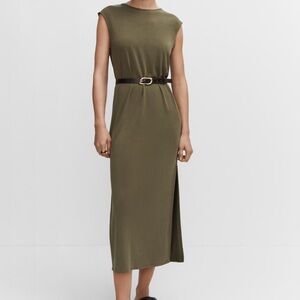 MANGO MNG women’s modal olive green slit sleeveless midi dress size medium 8 10